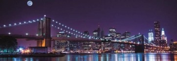 New York - Brooklyn Bridge And Manhattan Skyline With A Full Moon Overhead 