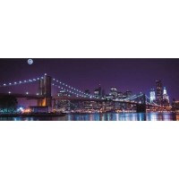 New York - Brooklyn Bridge And Manhattan Skyline With A Full Moon Overhead 